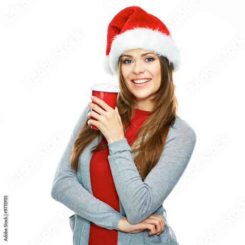 Beautiful woman portrait in Christmas style. White background