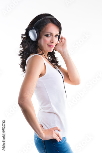 Smiling woman with headphones isolated
