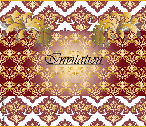 Classic Golden Floral Damask Invitation Card, Red. Vector