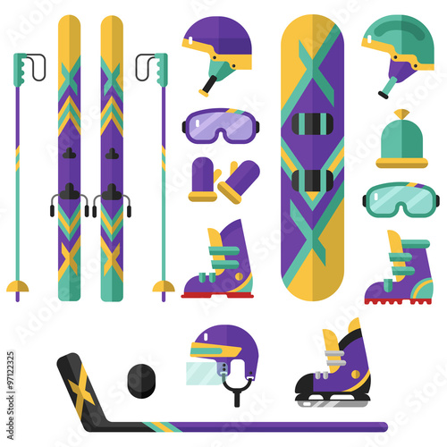 Flat design vector illustration of winter sport - hockey, snowboarding, ski. Including icons of helmets, googles or glasses, gloves, hat, boots, snowboard, ice skates, hockey puck.
