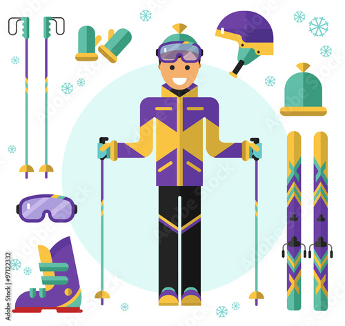 Flat design vector illustration of skiing equipment. Smiling happy skier with ski. Including icons of helmet, googles or glasses, gloves, hat, boots, ski, ski poles.