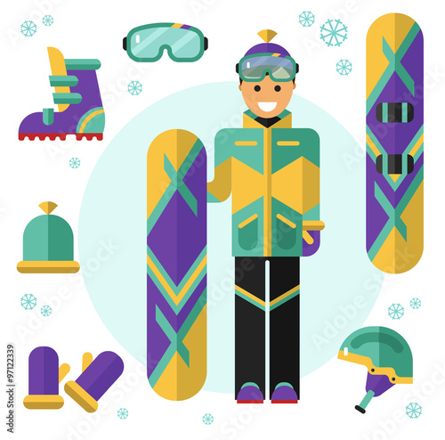 Flat design vector illustration of snowboarding equipment. Smiling happy snowboarder with board. Including icons of helmet, googles or glasses, gloves, hat, boots and snowboard.