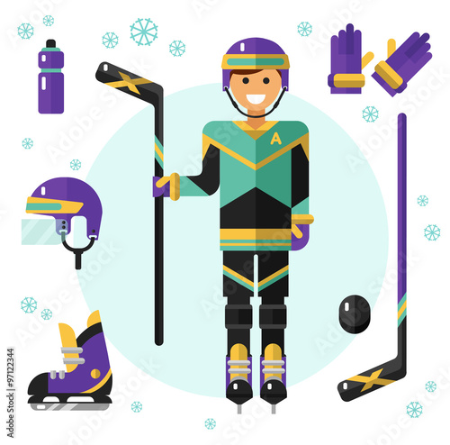 Flat design vector illustration of hockey equipment. Smiling happy hockey player with hockey stick. Including icons of helmet, bottle, hockey gloves, ice skates, hockey puck, hockey stick.
