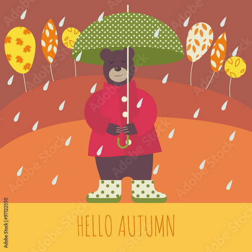 Cute brown bear in autumn rainy scenery holding umbrella. Can be used for cards  books  printing  web design