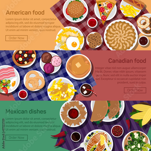 Vector flat illustration of canadian, american, mexican national dishes. photo