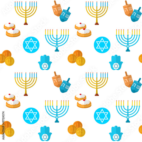 Happy Hanukkah vector seamless pattern, with dreidel game, coins, hand of Miriam, palm of David, star of David, menorah, traditional food, torah and other traditional items