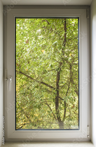 pvc window  which you can see green of a tree park in the ecologically clean area of the city with fresh air