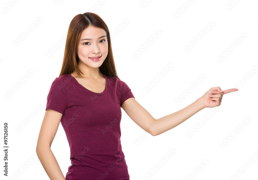 Asian Young Woman showing finger point aside Asian Young Woman showing finger point aside