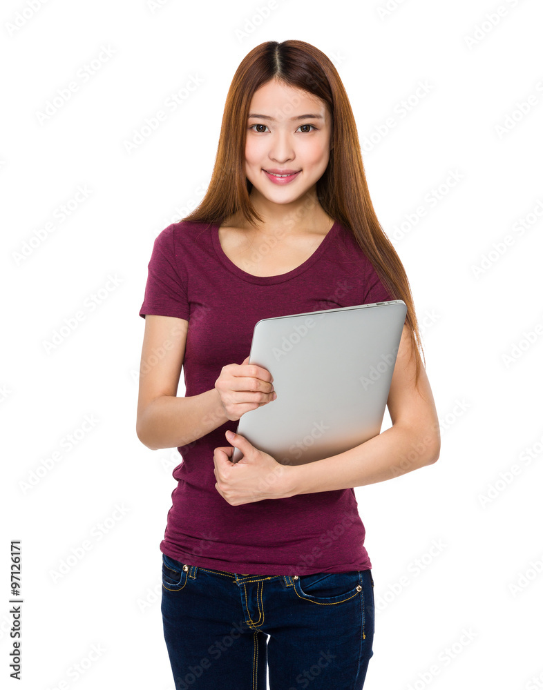 Asian Young Woman hold with laptop computer Asian Young Woman hold with laptop computer