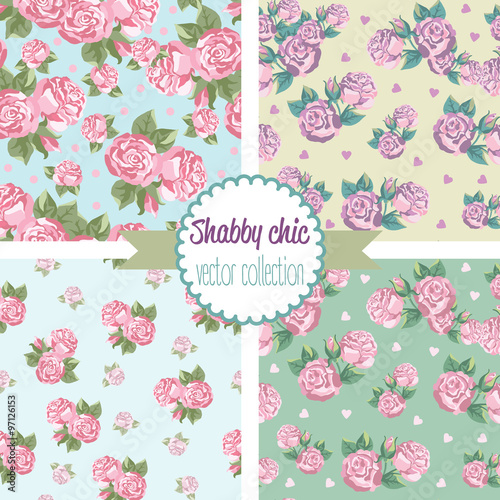 Shabby Chic Rose Patterns. Set seamless pattern. Vintage floral pattern, backgrounds. Vector illustration