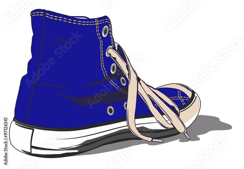 blue shoe. Single classic tennis shoe with laces.