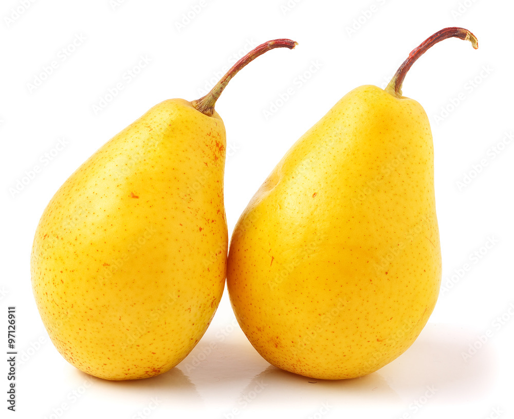 pair of yellow ripe, juicy pears. On a white background. pair of yellow ripe, juicy pears. On a white background.