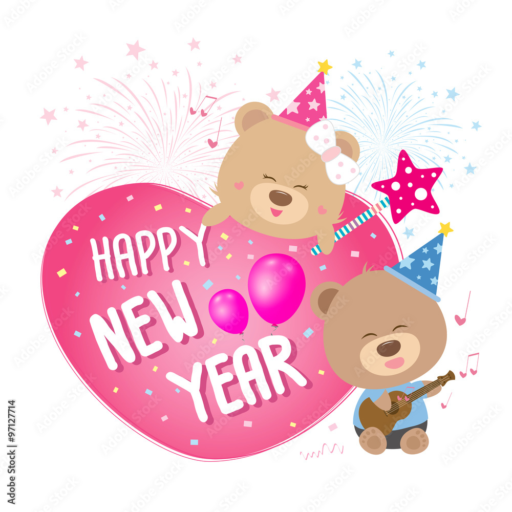 Heart with happy new year and couple teddy bear sing a song