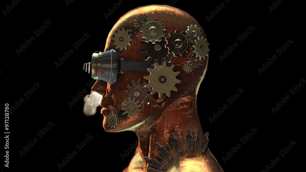 3D AUTOMATON HEAD with CLOCKWORK and SMOKE. Ideal for Science fiction movies, TV shows, intro, news, commercials, retro, steampunk related projects etc. Includes ALPHA MATTE