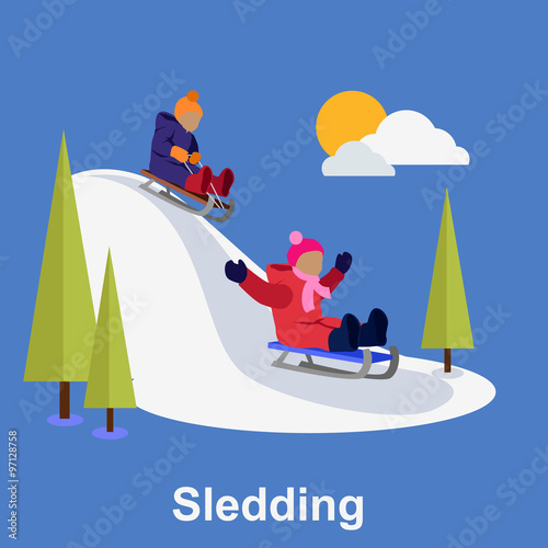 Sledding children design flat style