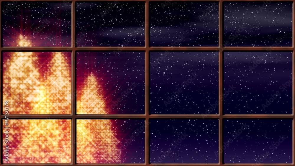 Winter Window Loop features brilliantly lighted Christmas trees with snow falling as viewed through a window with grid. Loops seamlessly.