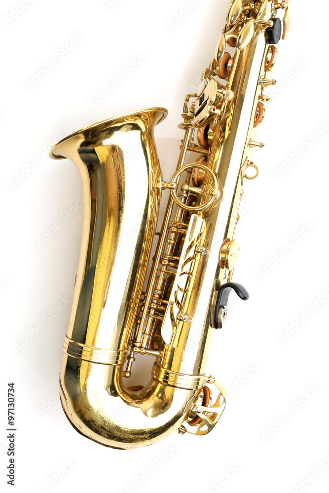 Naklejka premium Golden saxophone isolated on white background, close up