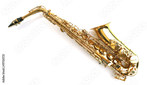 Golden saxophone isolated on white background