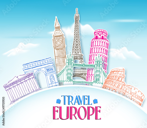 Colorful Travel Europe Hand Drawing in paper Cut with Famous Landmarks and Places in Blue Background. Vector Illustration
