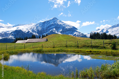 beautiful Swiss landscape in the alps/ beautiful Refection of mountain in lake in landscape in the alps in summer. © hannoonnes