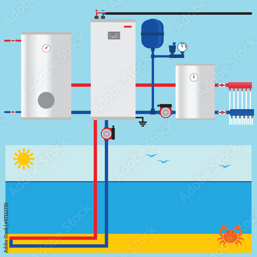 Sea, lake or pond source heat pump. Vector.