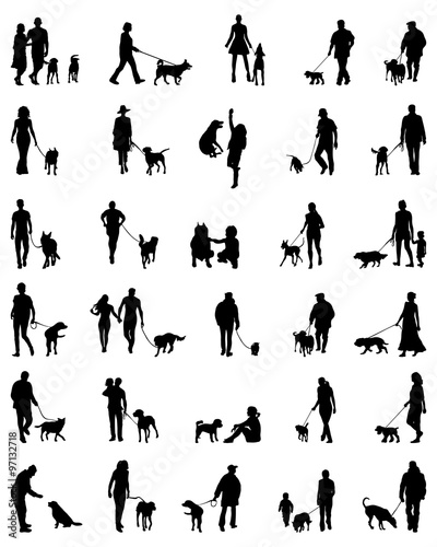 Black silhouettes of people with dog, vector