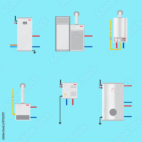 Different boilers icons set. Flat style. Electrical, gas, Pyroly