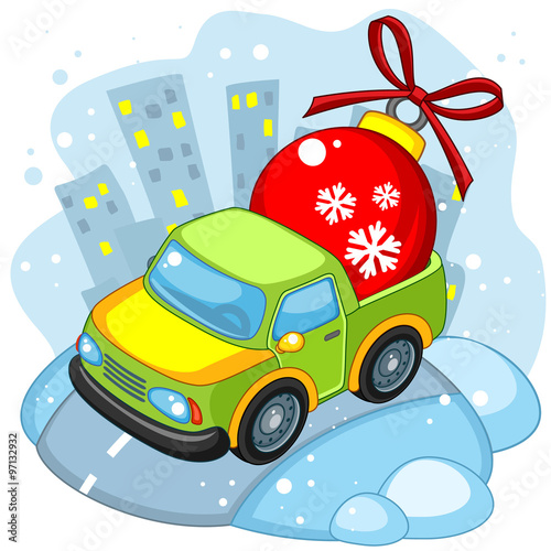 Truck carries a red Christmas toy