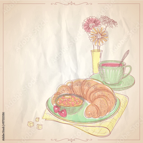 Hand drawn illustration of a breakfast with croissant.