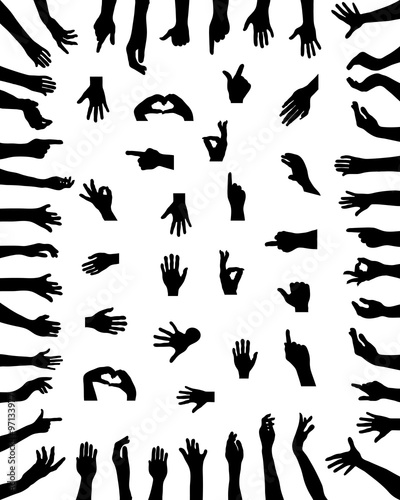 Black silhouettes of various positions of hands, vector