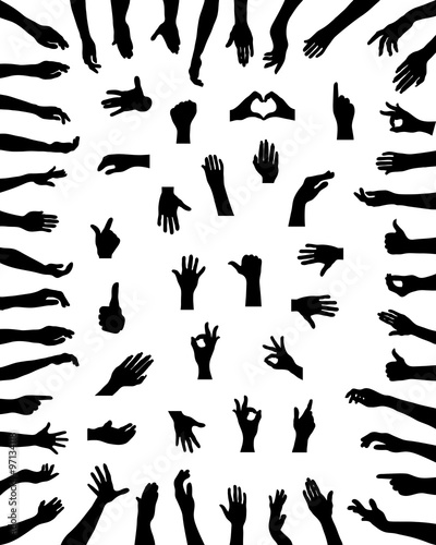 Black silhouettes of various positions of hands, vector photo