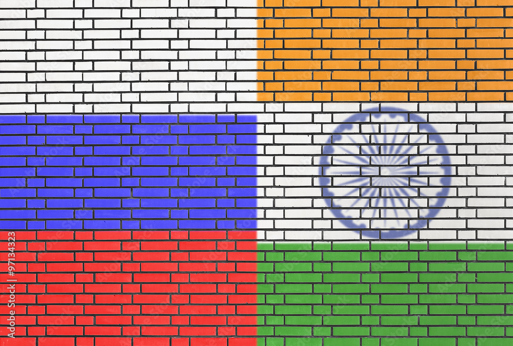 Russia and India flags on a wall Russia and India flags on a wall