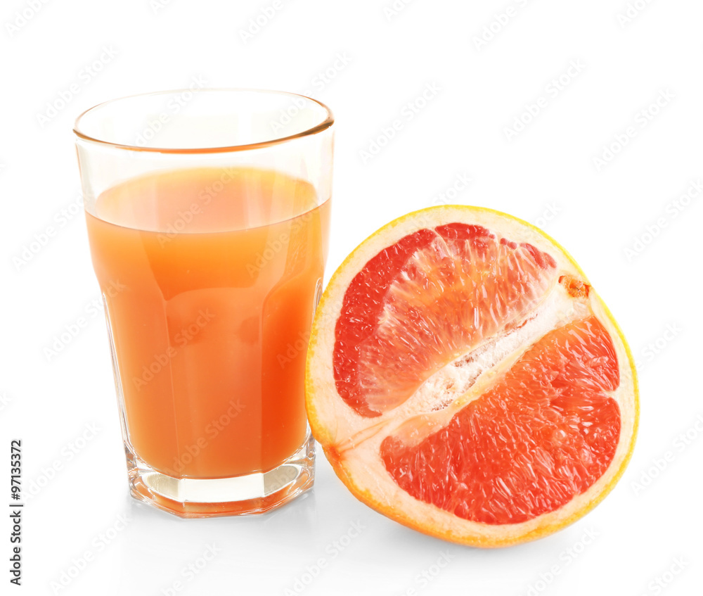 Citrus juice and fresh fruits isolated on white Citrus juice and fresh fruits isolated on white