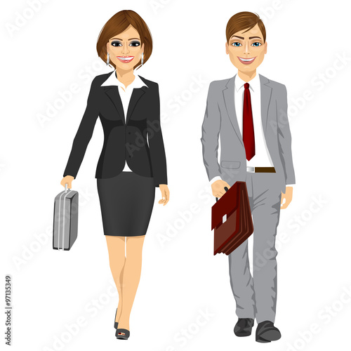 young business man and woman walking forward