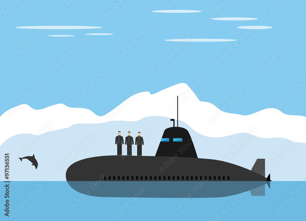 Black submarine with sailors in icy mountain landscape
