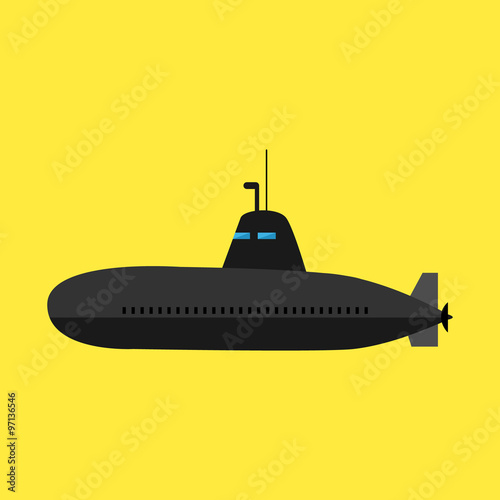Black submarine icon on yellow background. Flat style