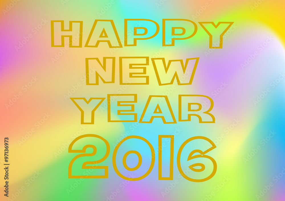 Happy New Year 2016 Schriftzug in gold auf einem Hintergrund aus bunten Farben