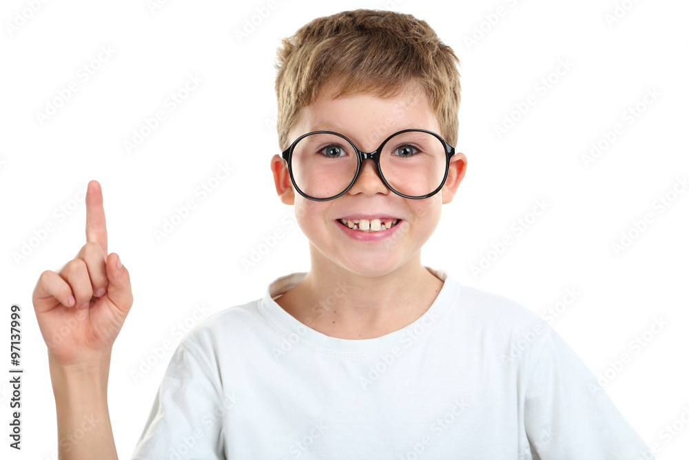 Portrait of happy little boy with eyeglasses on white background Portrait of happy little boy with eyeglasses on white background