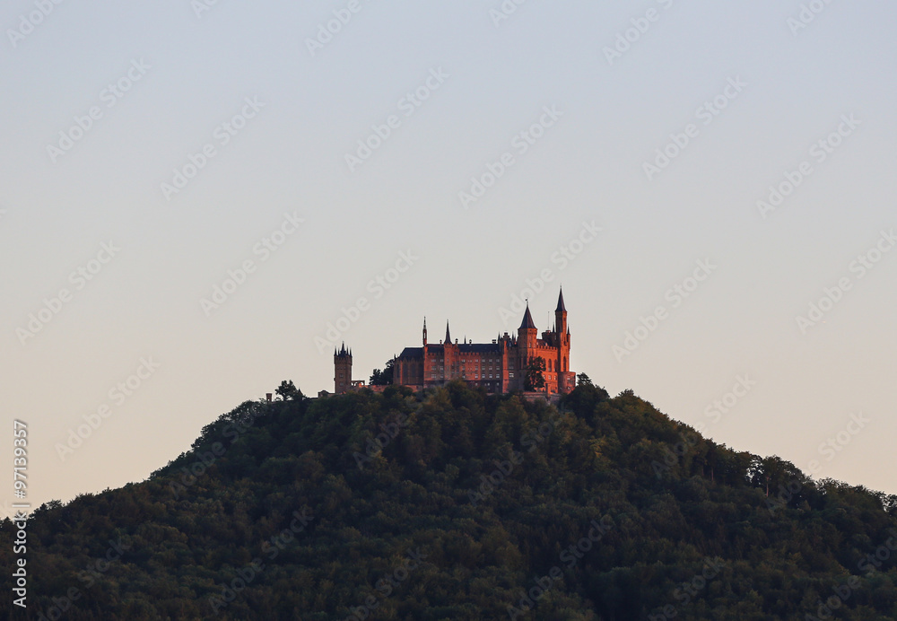 Hohenzollern castle in Germany at sunset.