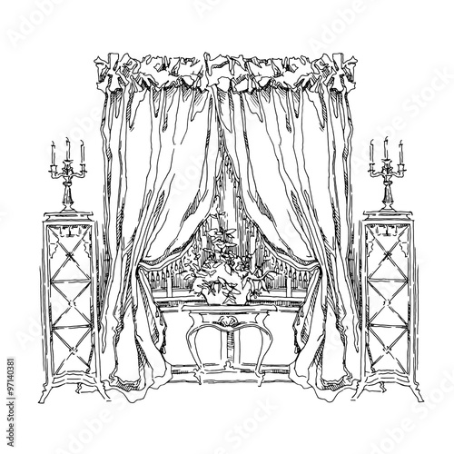 Hand made vecor sketch of cozy interior elements.