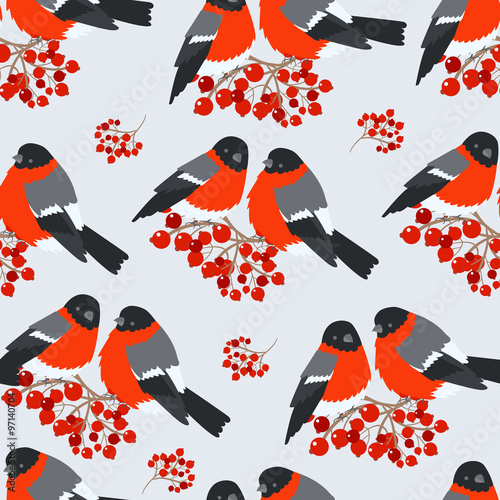 Bullfinches on branch of mountain ash. Seamless pattern.  Vector illustration