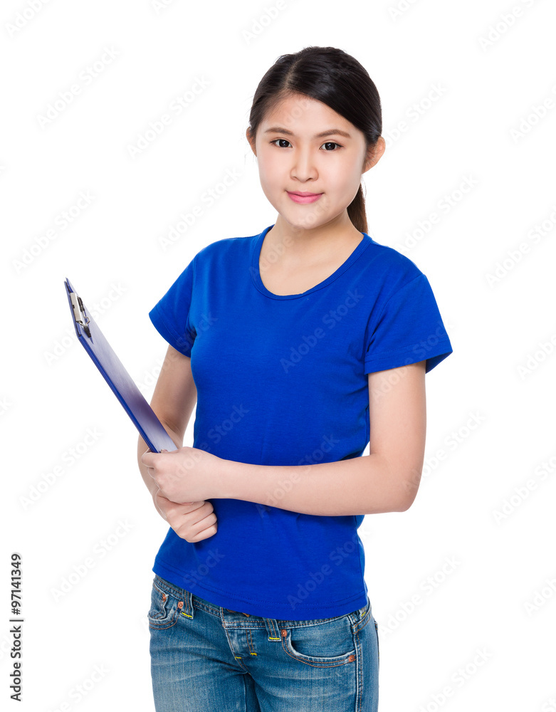 Asian Young Woman hold with clipboard