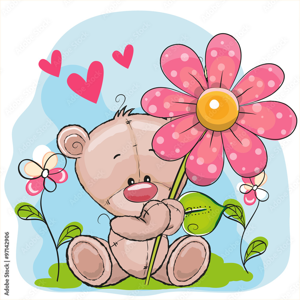 Naklejka premium Bear with heart and flower