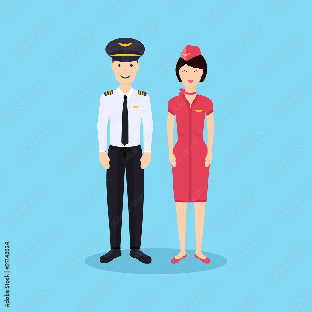 Pilot and stewardess in uniform in flat design. Vector illustrat