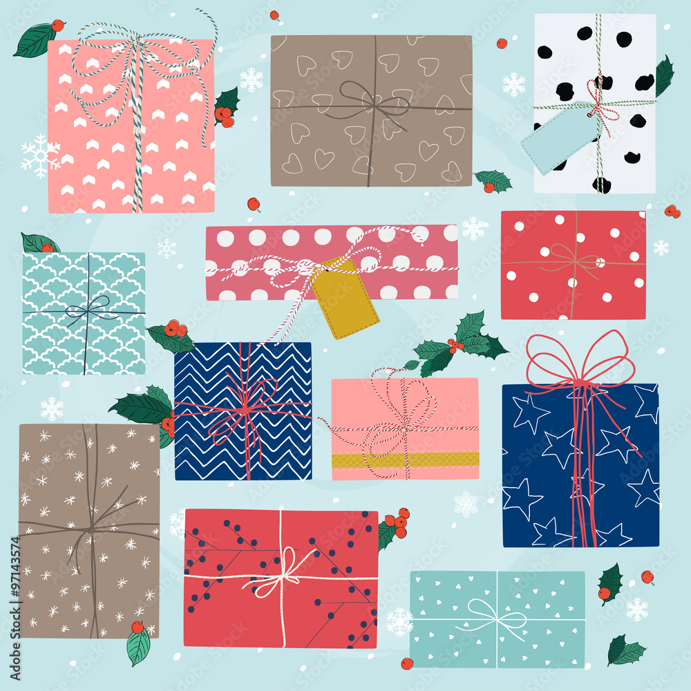 Merry Christmas greeting cards. Colorful gifts on snowy backgrou Merry Christmas greeting cards. Colorful gifts on snowy backgrou