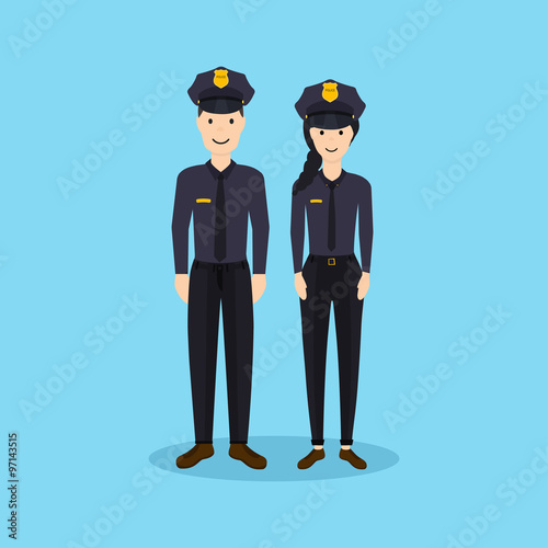 Male and Female police officers in flat design. Vector illustrat