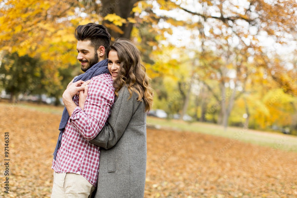 Fototapeta premium Young couple in the autumn park