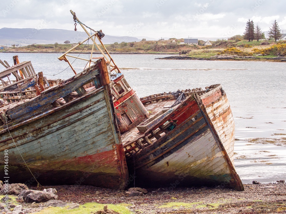 The old wooden boats at Salen Bay, Salen, Mull, Scotland, UK