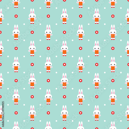 Vector seamless mint pattern with little cute white rabbits, red flowers and dots