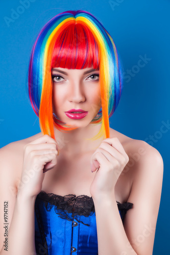 beautiful woman wearing colorful wig